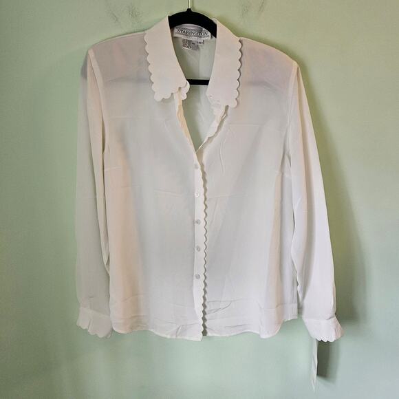 VINTAGE Starington 1980s 80s Twee Coquette White Blouse w/ Scallop Trim Size 10 - Picture 2 of 12
